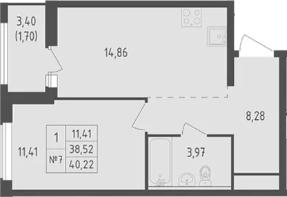 Планировка: 1-комнатная квартира 38,5 м² в ЖК «Южная Нева»
