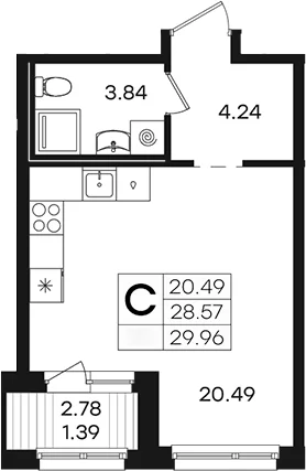 Планировка: Студия 28,6 м² в ЖК «Парголово»