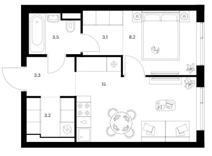 Планировка: 1-комнатная квартира 36,3 м² в ЖК «Бунинская набережная»