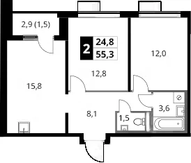 Планировка: Евротрёшка 53,8 м² в ЖК «1-й Донской»