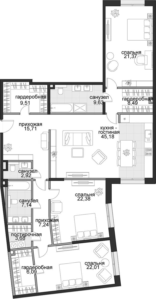Планировка: Квартира евро-4 181,4 м² в ЖК «Садовническая, 69»