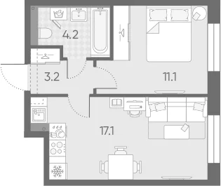 Планировка: Евродвушка 35,6 м² в ЖК «Большая Охта»