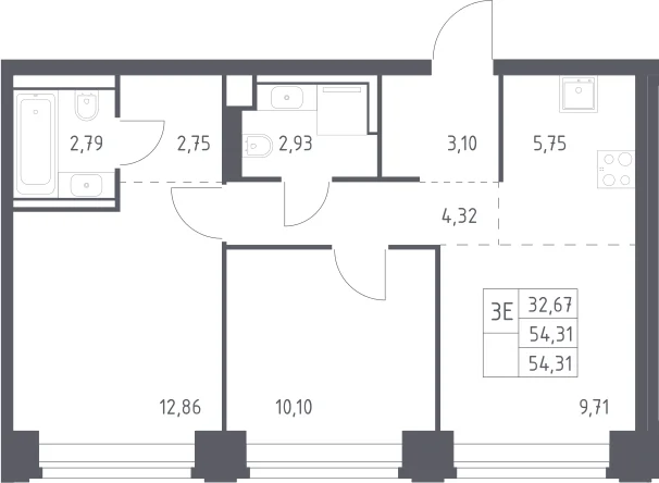 Планировка: Евротрёшка 54,3 м² в ЖК «НОВА»
