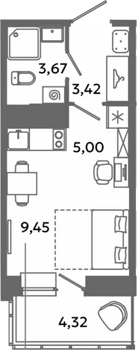 Планировка: Студия 21,5 м² в ЖК «Загляденье»