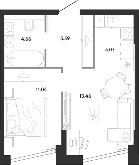Планировка: 1-комнатная квартира 39,8 м² в ЖК «Ридж»