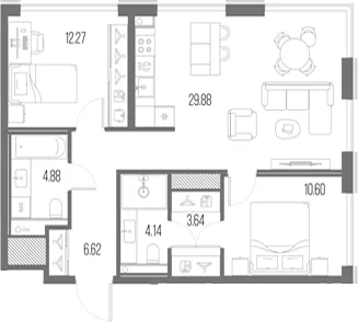 Планировка: Евротрёшка 72 м² в ЖК «Легенда у Моря»