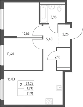 Планировка: Евротрёшка 51,7 м² в ЖК «Большое Юрлово»