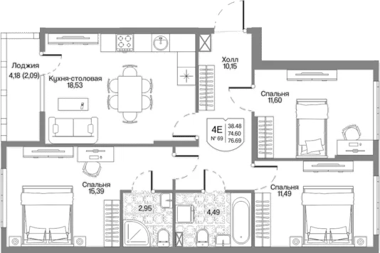Планировка: Квартира евро-4 74,6 м² в ЖК «Охтинские высоты»