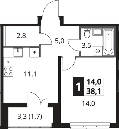 Планировка: 1-комнатная квартира 36,4 м² в ЖК «1-й Южный»