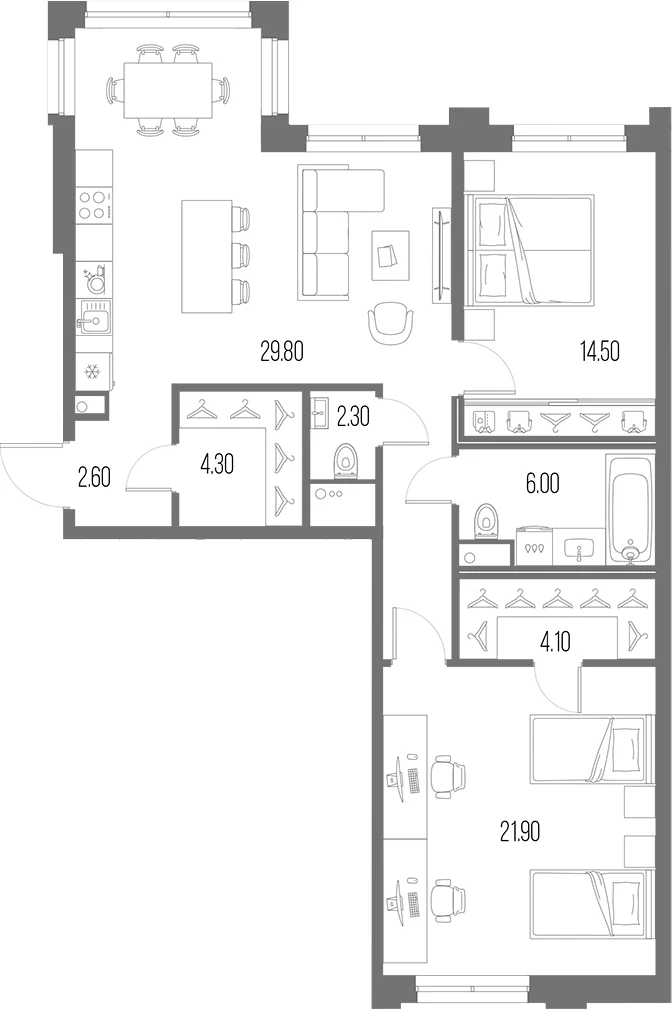 Планировка: Евротрёшка 90,4 м² в ЖК «Легенда на Охте»