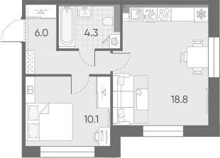 Планировка: Евродвушка 39,2 м² в ЖК «Большая Охта»