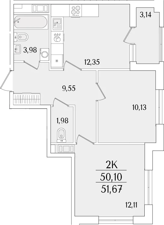Планировка: 2-комнатная квартира 50,1 м² в ЖК «Гранат»