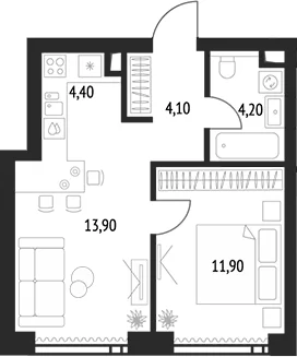 Планировка: Евродвушка 39,6 м² в ЖК «Апсайд Тауэрс»