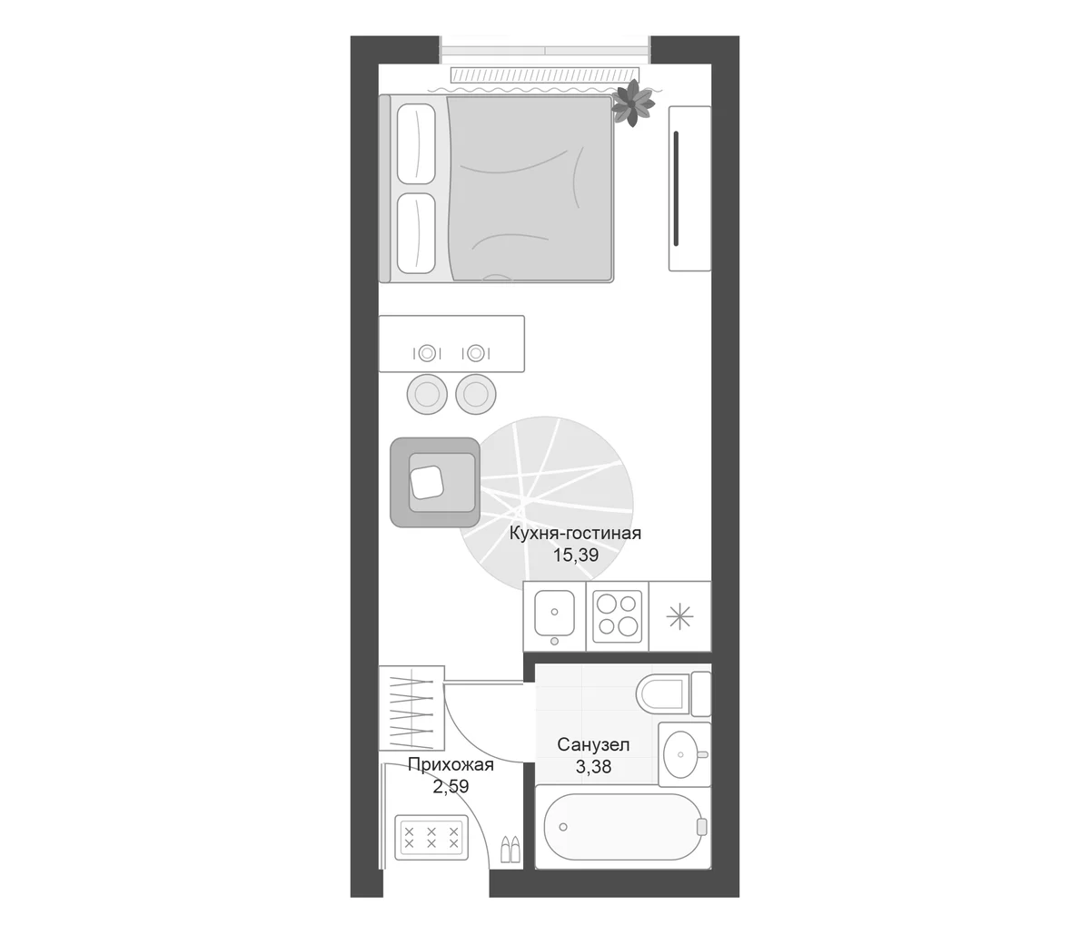 Планировка: Студия 21,4 м² в ЖК «Апарт-комплекс Первый Зеленый»