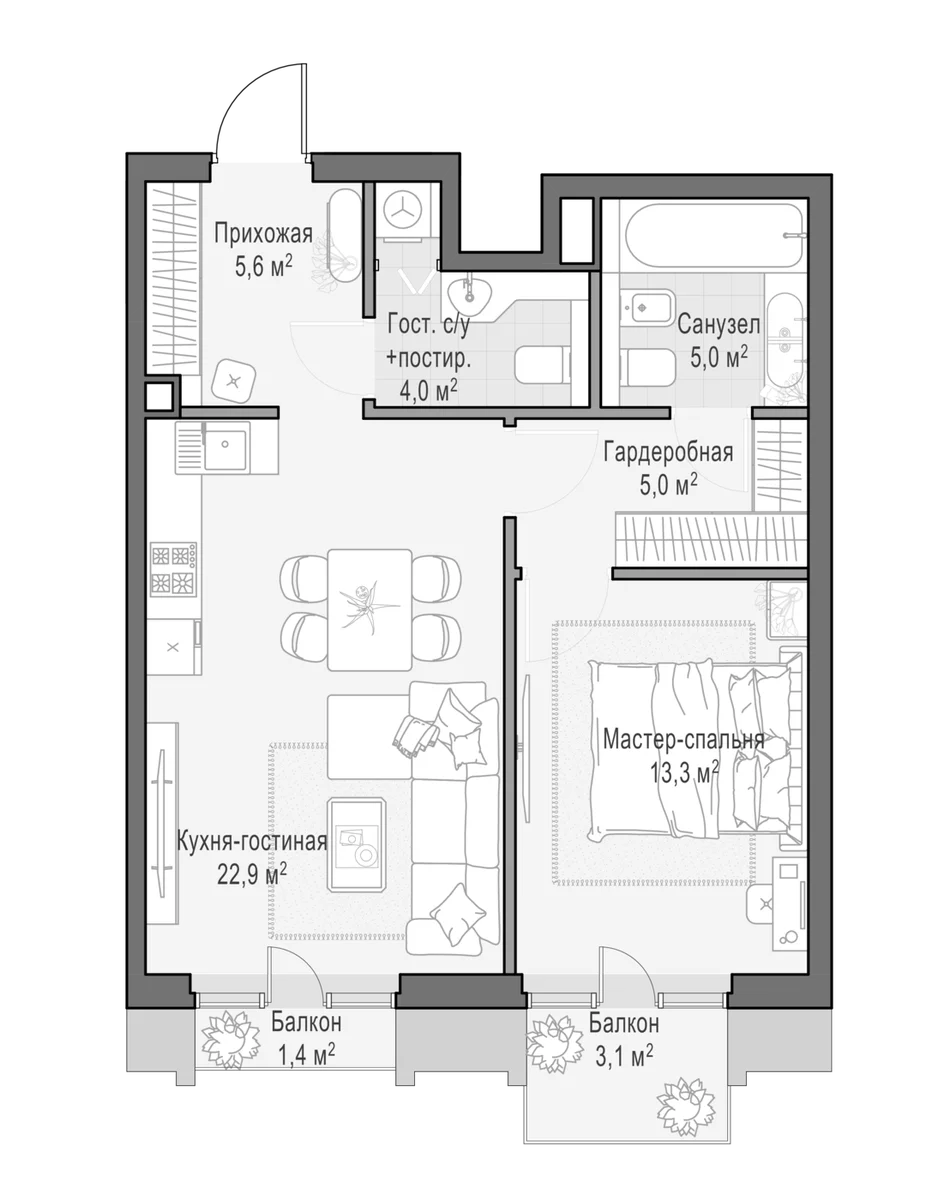 Планировка: Евродвушка 55,8 м² в ЖК «Квартал Тишинский бульвар»