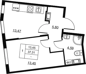 Планировка: 1-комнатная квартира 37,3 м² в ЖК «Высота. Всеволожск»
