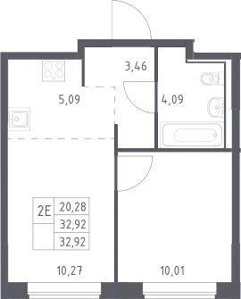 Планировка: Евродвушка 32,9 м² в ЖК «Прибрежный Парк»