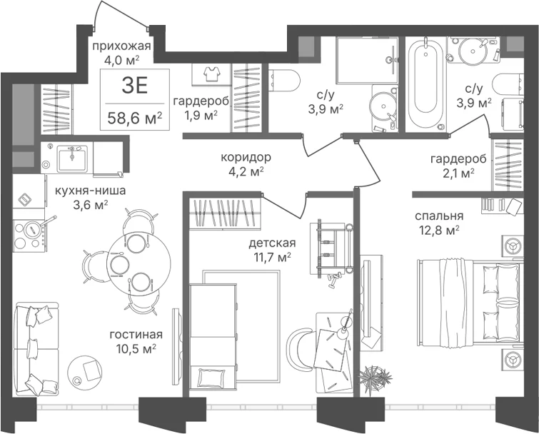 Планировка: Евротрёшка 58,6 м² в ЖК «Михалковский»