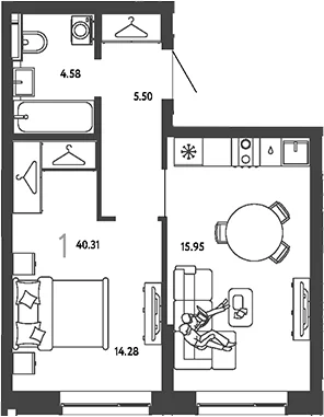 Планировка: 1-комнатная квартира 40,3 м² в ЖК «Страна.Парковая»