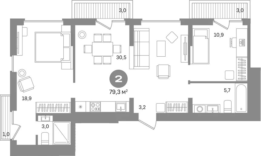 Планировка: 2-комнатная квартира 72,3 м² в ЖК «Первый квартал. Вторая очередь»