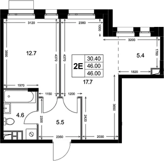 Планировка: Евродвушка 46 м² в ЖК «Кореневский Форт 2.3»