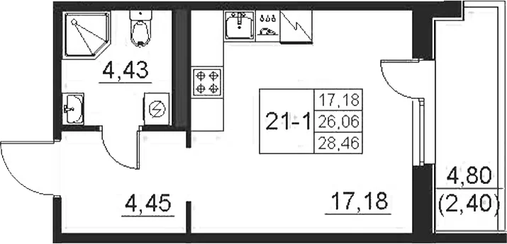 Планировка: Студия 26,1 м² в ЖК «Поинт Токсово»