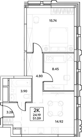 Планировка: Евротрёшка 51,1 м² в ЖК «ЭВОПАРК Измайлово»