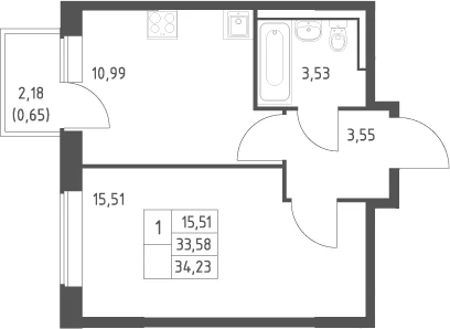 Планировка: 1-комнатная квартира 33,6 м² в ЖК «Большое Юрлово»