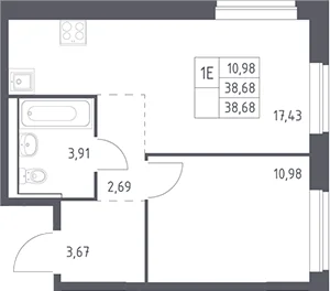 Планировка: Евродвушка 38,7 м² в ЖК «Рублевский квартал»