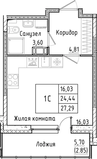 Планировка: Студия 24,4 м² в ЖК «Аквилон РекаПарк»