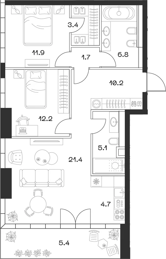 Планировка: Евротрёшка 77,2 м² в ЖК «SHIFT»