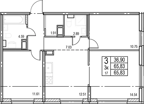 Планировка: 3-комнатная квартира 65,8 м² в ЖК «ID Murino III»