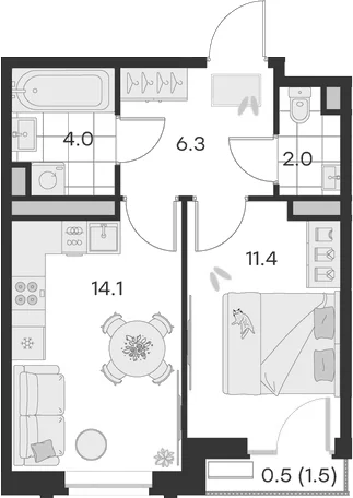 Планировка: 1-комнатная квартира 37,8 м² в ЖК «Михалевич»