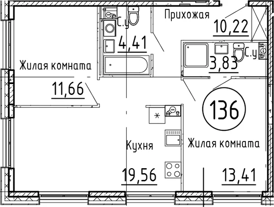 Планировка: Евротрёшка 63,1 м² в ЖК «Остров Первых»