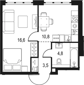 Планировка: 1-комнатная квартира 35,7 м² в ЖК «Левел Южнопортовая»