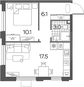 Планировка: Евродвушка 36,7 м² в ЖК «Лучи»