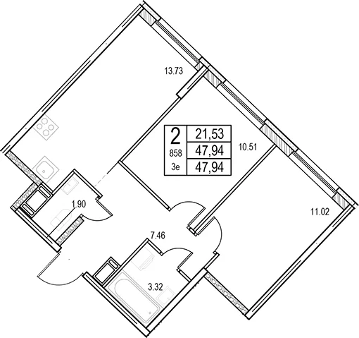 Планировка: Евротрёшка 47,9 м² в ЖК «ID Murino III»