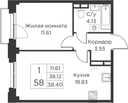 Планировка: Евродвушка 38,1 м² в ЖК «Кронфорт»