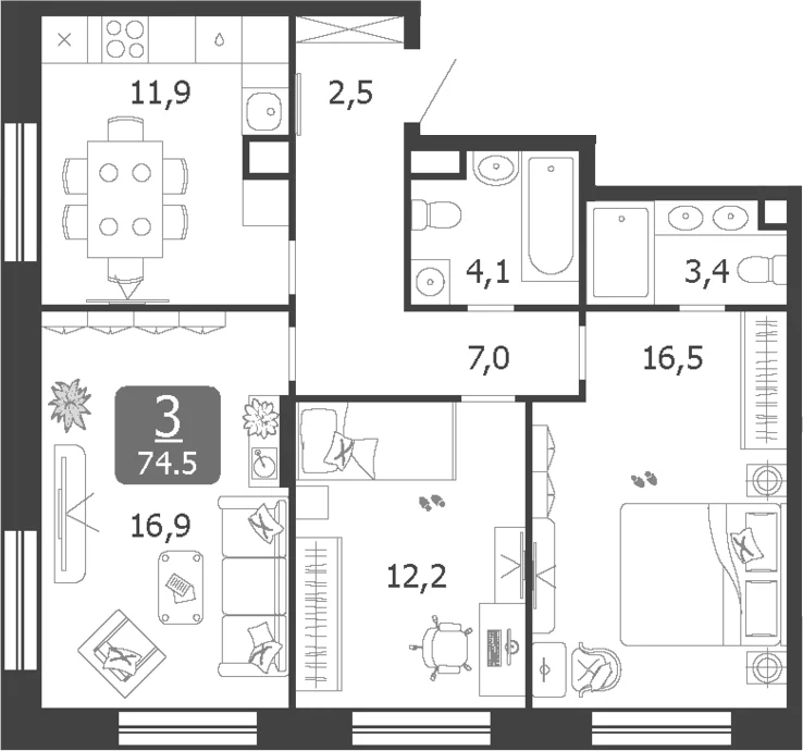 Планировка: 3-комнатная квартира 74,5 м² в ЖК «Шагал»