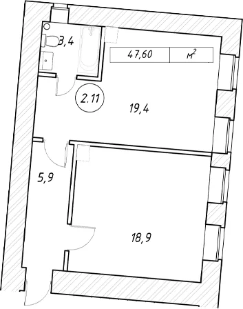 Планировка: Евродвушка 47,6 м² в ЖК «пр-кт Обуховской Обороны, 42 к2»