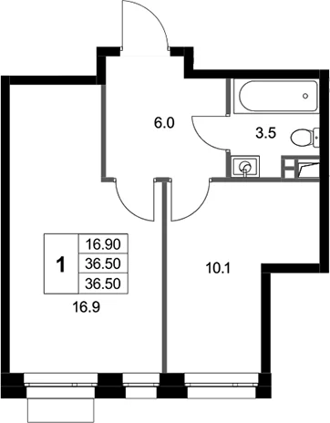 Планировка: 1-комнатная квартира 36,5 м² в ЖК «Кореневский Форт 2.3»