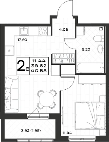 Планировка: Евродвушка 38,6 м² в ЖК «Имена»