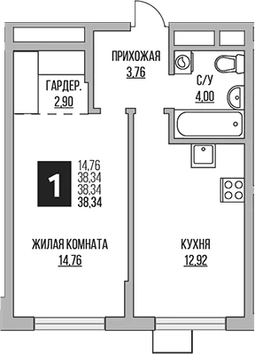 Планировка: 1-комнатная квартира 38,3 м² в ЖК «Гранель Мытищи»