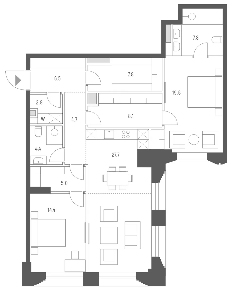Планировка: Евротрёшка 108,8 м² в ЖК «Веспер Кутузовский»