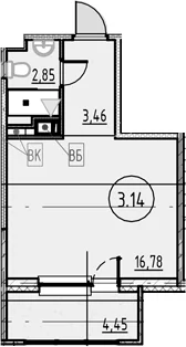 Планировка: Студия 23,1 м² в ЖК «COSMOS SMART САНКТ-ПЕТЕРБУРГ ЮЖНЫЙ ОТЕЛЬ»