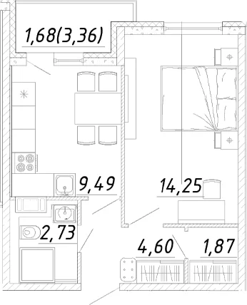 Планировка: 1-комнатная квартира 32,9 м² в ЖК «Догма Юкки»