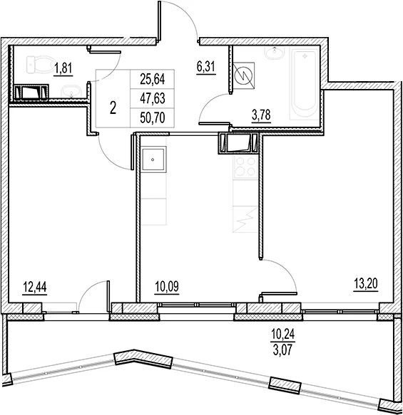 Планировка: 2-комнатная квартира 47,6 м² в ЖК «Город-спутник Южный»