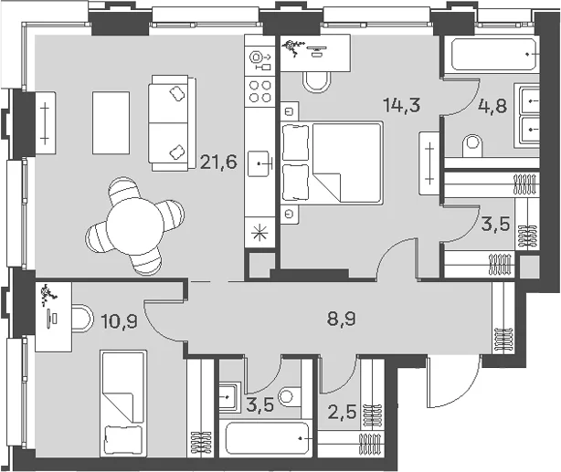 Планировка: Евротрёшка 70 м² в ЖК «Портленд»