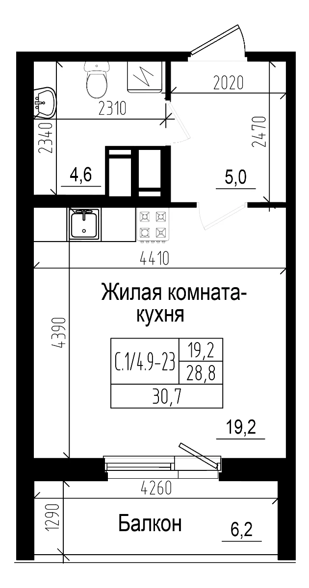 Планировка: Студия 28,8 м² в ЖК «Прагма Сити»