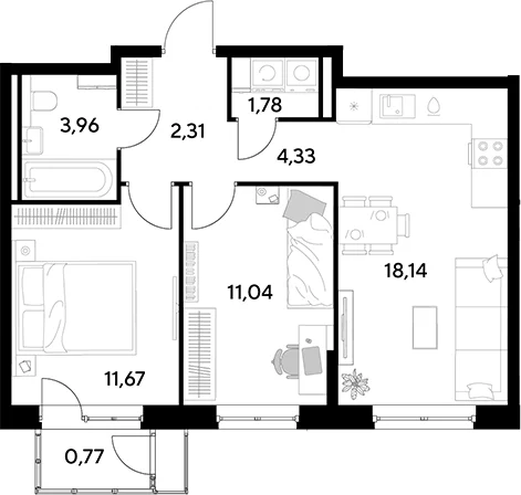 Планировка: Евротрёшка 53,2 м² в ЖК «Космопарк»